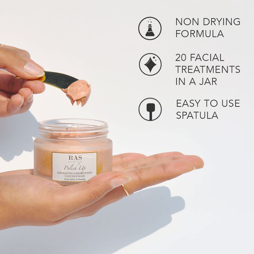 RAS Luxury Oils Polish Up Exfoliating & Brightening Clay Face Mask With Fruit AHAs & Rosehip | Softens & Hydrates Skin | Helps to Reduce Fne Lines & Wrinkles | Cruelty Free & 100% Vegan, 50g