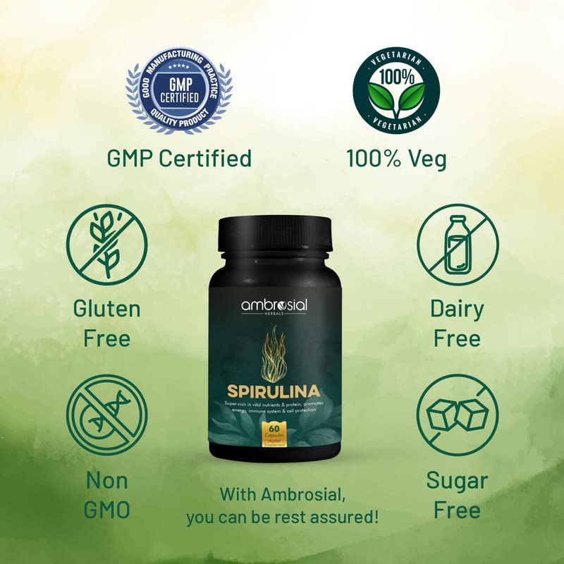 Ambrosial Spirulina Capsule High Strength 500 mg EACH Capsule | Certified Spirulina Tablets for Energy and Immunity | Richest Source of Protein (Pack of 1-60 Capsules)