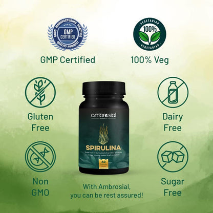 Ambrosial Spirulina Capsule High Strength 500 mg EACH Capsule | Certified Spirulina Tablets for Energy and Immunity | Richest Source of Protein (Pack of 1-60 Capsules)