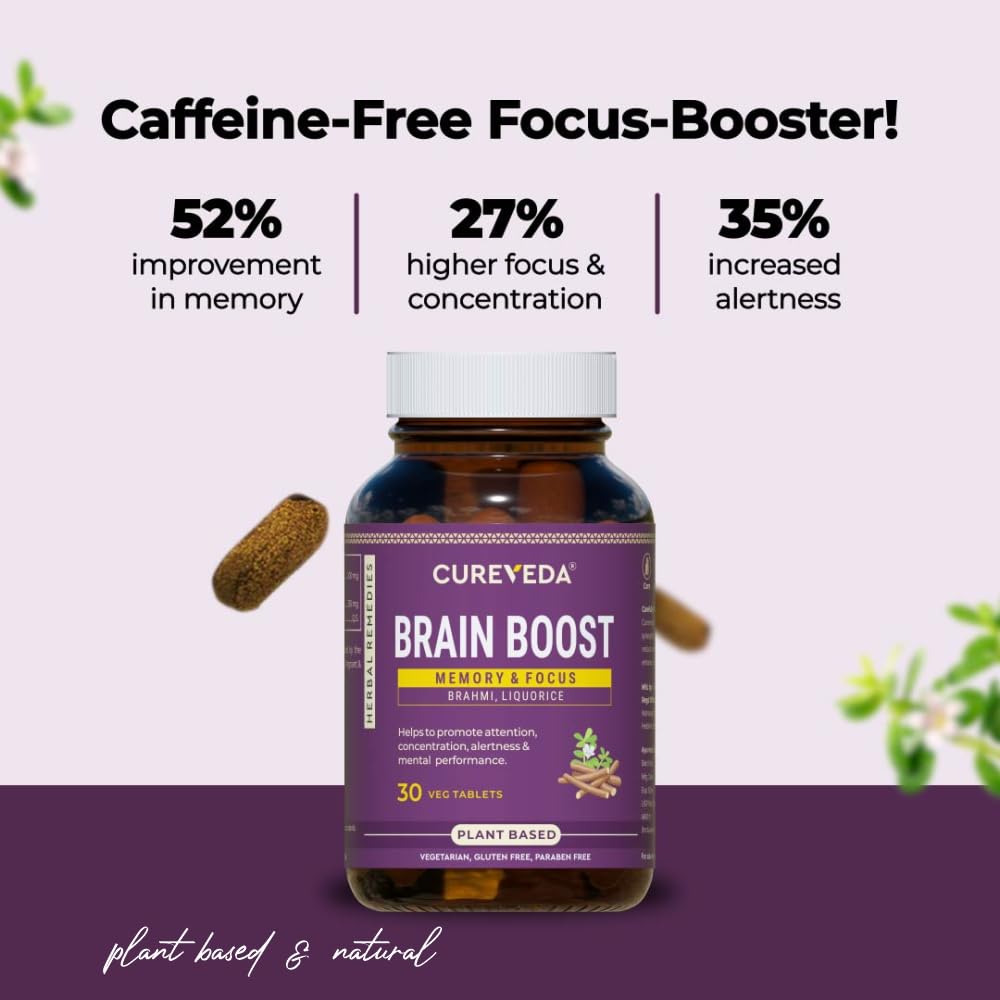 Cureveda Herbal Brain Boost Tablet for Brain & Memory Wellness | Extracted with Brahmi and Liquorice | Improves Learning, Memory Retention | Vegetarian | Gluten & Paraben Free (30 Tablets)