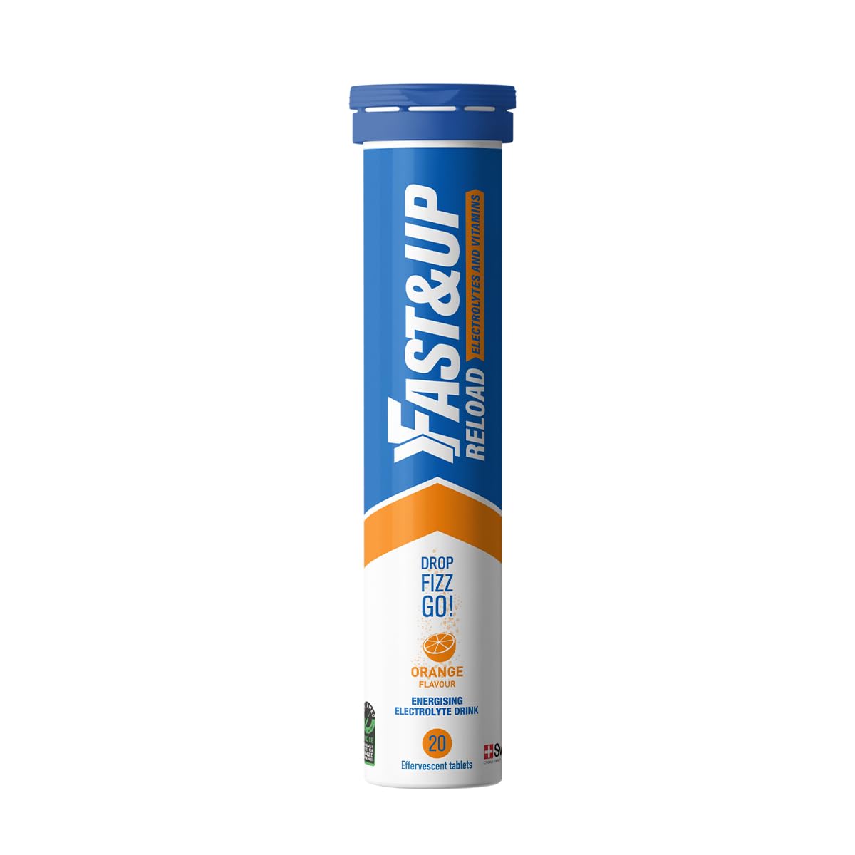 Fast&Up Reload (5 Litres) Low Sugar energy drink for Instant Hydration - 20 Effervescent Tablets with all 5 Essential Electrolytes + Added Vitamins - Certified Electrolytes Drink - Orange flavour