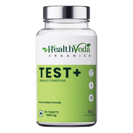 HEALTH VEDA ORGANICS PRIVATE LIMITED Plant Based Test + | 1000 Mg, With Ashwagandha, Tribulus Terrestris, Ginkgo Biloba & Safed Musli - 60 Veg Tablets