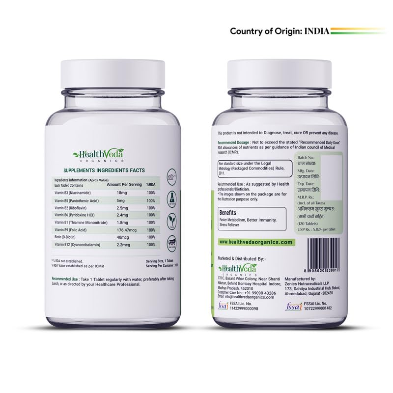 Health Veda Organics Plant Based Vitamin B-Complex Tablets - All essential B Vitamins in One for Hair Growth, Boosts Energy & Immunity - (120 Veg Tablets)