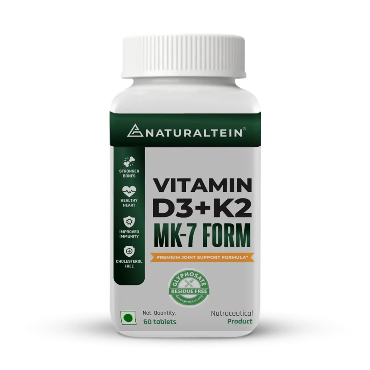 NATURALTEIN Vitamin D3 + K2 Supplement | 600 IU Plant-Based D3 & 55 mcg MK-7 K2 | 60 Unflavoured Tablets for Bone, Muscle & Calcium Support