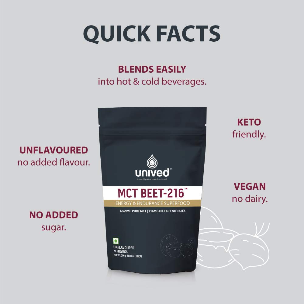 Unived MCT Beet-216 | Energy & Endurance Superfood | Pure MCT 4.6g 70/30 C8:C10 & 216mg Dietary Nitrates | Vegan & Keto Friendly | 200g
