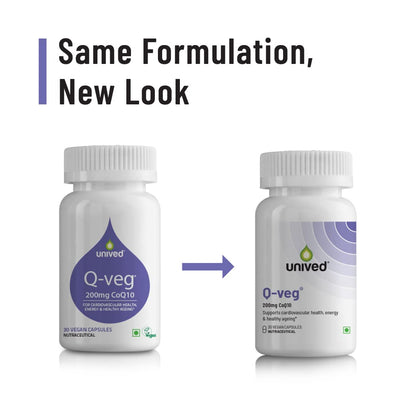Unived Q-Veg, Natural Fermented CoEnzymeQ10 for Heart Health & Potent Anti-oxidant Activity, Highly Bio-Available with Piperine, 200mg Elemental CoQ10-30 caps