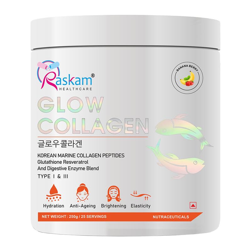 Glow Collagen Powder 250gm of 25 Servings | Korean Marine Flavored (Banana Berry) Collagen Powder Supplements for Women & Men