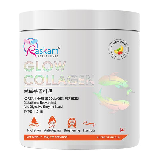 Glow Collagen Powder 250gm of 25 Servings | Korean Marine Flavored (Banana Berry) Collagen Powder Supplements for Women & Men