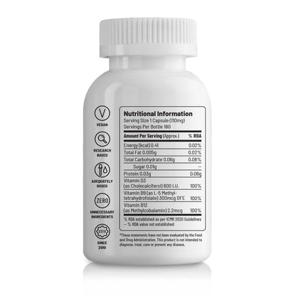 Unived B12+D3 | Methylcobalamin (98%), Methyltetrahydrofolate (5-MTHF), Vitamin D3 (Cholecalciferol) | Bone, Cognitive, Immune, & Cardiovascular Support | 180 Vegan Capsules