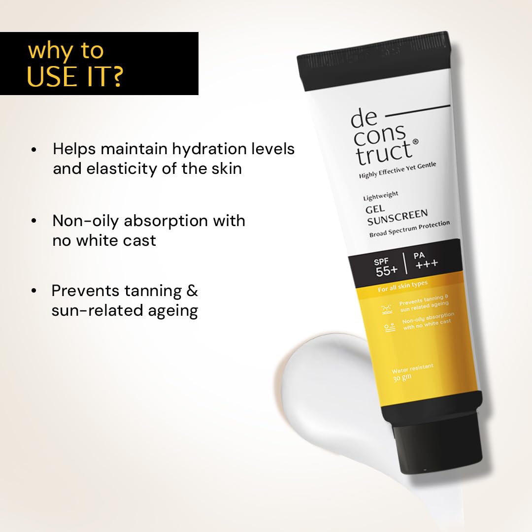 Deconstruct Face Gel Sunscreen In - Vivo Tested SPF 50 + and PA+++ | For oily, combination & normal skin | Matte, Lightweight & Airy, Non-greasy | For Men & Women - 30g