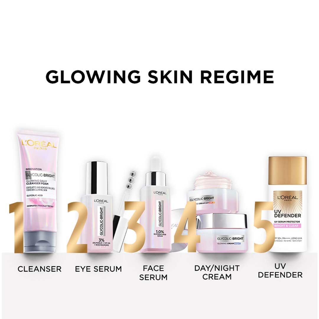 L'Oreal Paris Glycolic Bright Glowing Night Cream, Overnight Brightening Cream, Glycolic Acid in Gel-Like Cream Texture, that Visbily Minimizes Spots & Reveals Glowing skin