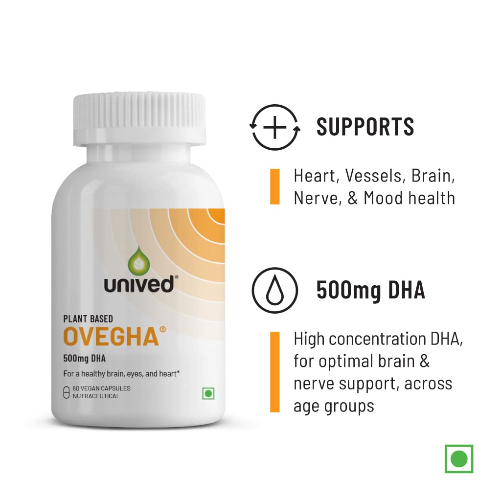 Unived Ovegha Vegan Omega-3 DHA | 1000mg Algae Oil 500mg DHA Per Serving (highest DHA/serving) | for Heart, Hair, Skin, Joint, Brain & Eye Health | 60 Vegan Capsules