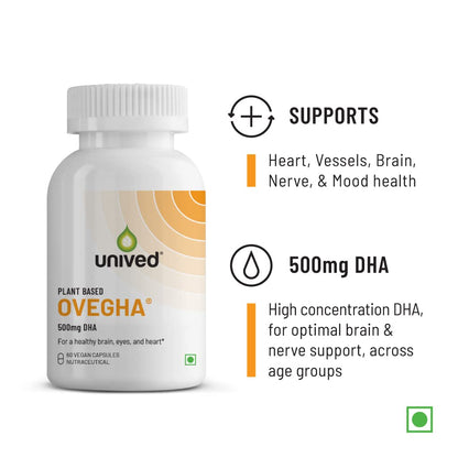 Unived Ovegha Vegan Omega-3 DHA | 1000mg Algae Oil 500mg DHA Per Serving (highest DHA/serving) | for Heart, Hair, Skin, Joint, Brain & Eye Health | 60 Vegan Capsules