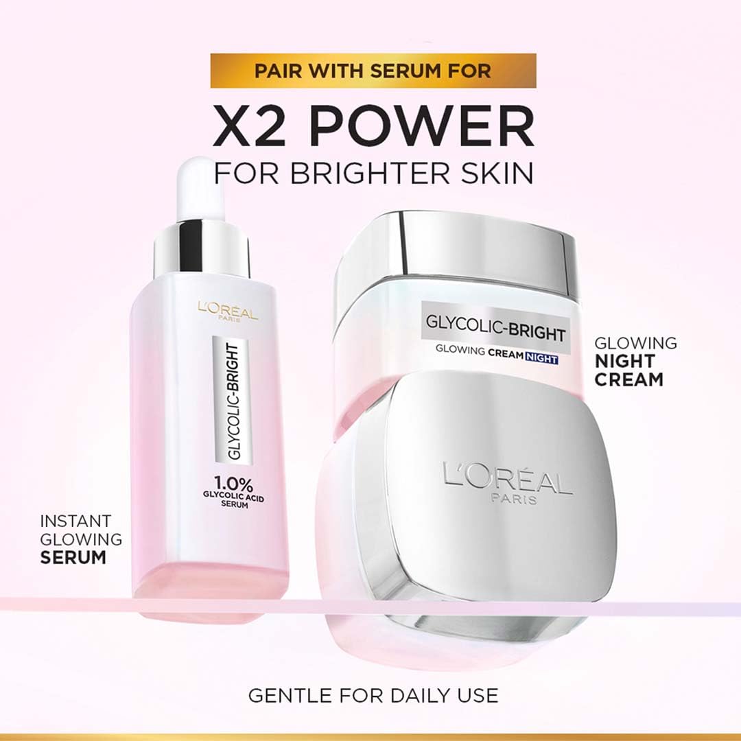 L'Oreal Paris Glycolic Bright Glowing Night Cream, Overnight Brightening Cream, Glycolic Acid in Gel-Like Cream Texture, that Visbily Minimizes Spots & Reveals Glowing skin