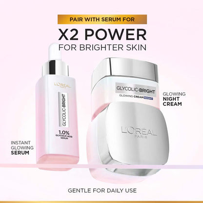 L'Oreal Paris Glycolic Bright Glowing Night Cream, Overnight Brightening Cream, Glycolic Acid in Gel-Like Cream Texture, that Visbily Minimizes Spots & Reveals Glowing skin