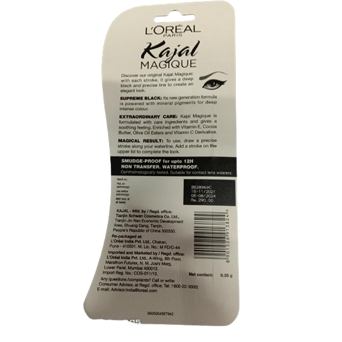 L'OrÃ©al Paris Kajal, Waterproof Eyeliner, 14 Hours of Smudge-Proof Wear, With Vitamin E, Cocoa Butter, Olive Oil Esters and Vitamin C, Magique, Colour: Supreme Black. 0.35g