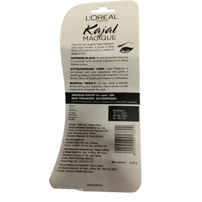 L'OrÃ©al Paris Kajal, Waterproof Eyeliner, 14 Hours of Smudge-Proof Wear, With Vitamin E, Cocoa Butter, Olive Oil Esters and Vitamin C, Magique, Colour: Supreme Black. 0.35g