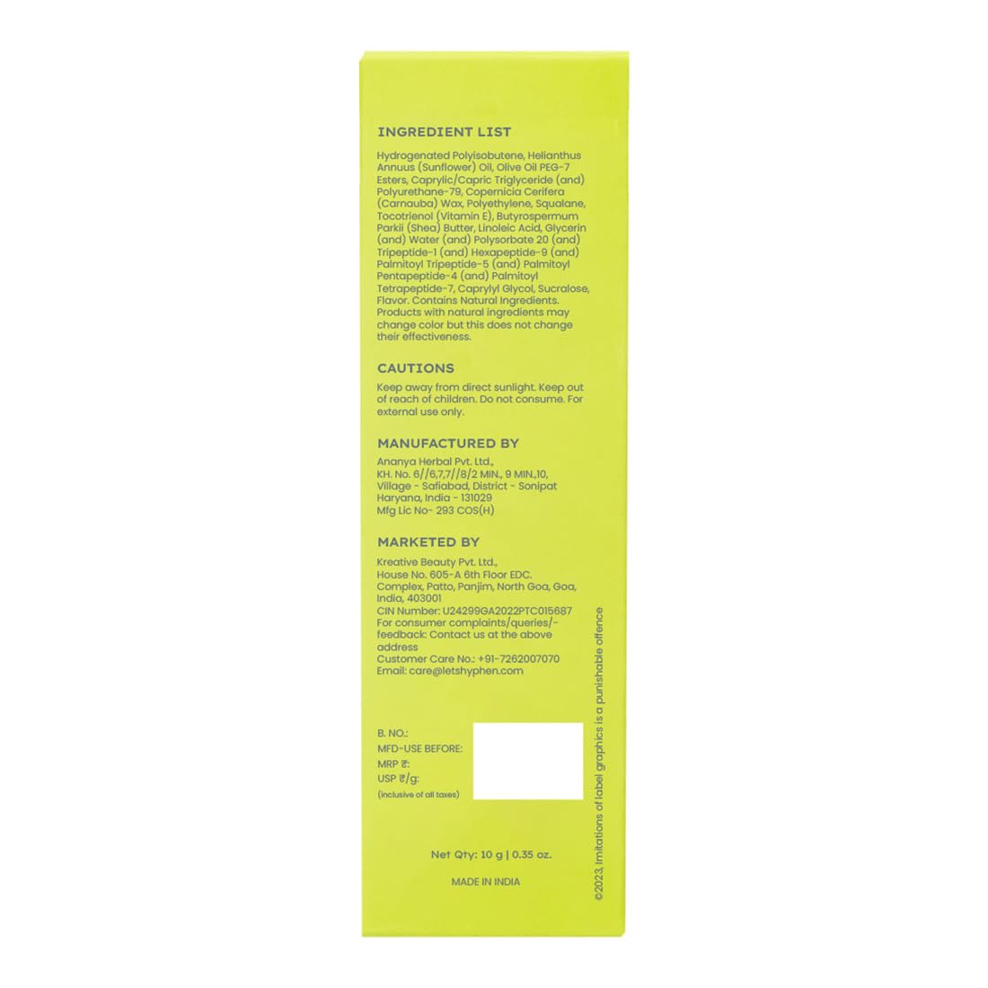 Hyphen-Vitamin Infused Peptide Lip Balm-Vanilla for Dry & Chapped Lips|Hydrating & Moisturizing Lip Balm for Unisex|for Dark Lips|Smoothen Lips & Repair Moisture Barrier|Vegan,SLS & Parabens Free|10gm