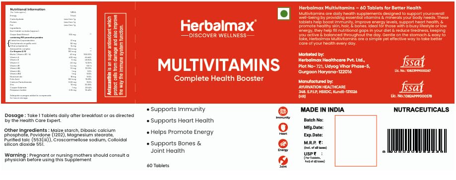 Herbal max Multivitamins Tablets for Men and Women with Zinc, Vitamin C, Vitamin D3, Multiminerals and Ginseng Extract, Enhances Energy, Stamina & Immunity - 60 Tablets