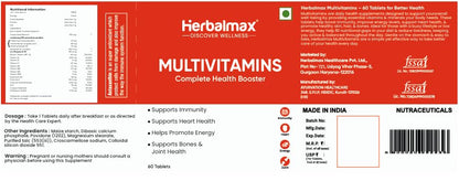 Herbal max Multivitamins Tablets for Men and Women with Zinc, Vitamin C, Vitamin D3, Multiminerals and Ginseng Extract, Enhances Energy, Stamina & Immunity - 60 Tablets