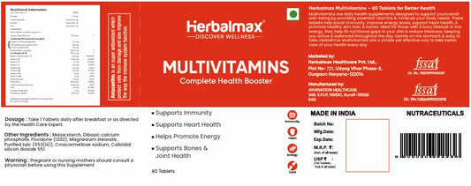 Herbal max Multivitamins Tablets for Men and Women with Zinc, Vitamin C, Vitamin D3, Multiminerals and Ginseng Extract, Enhances Energy, Stamina & Immunity - 60 Tablets
