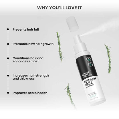 ThriveCo Rosemary Water Hair Spray | 100% Natural Rosemary Extract, Rice Water & Hyaluronic Acid | For Hair Growth & Hair Fall Control | Adds Shine & Conditions | Lightweight | For Men & Women, 100ml