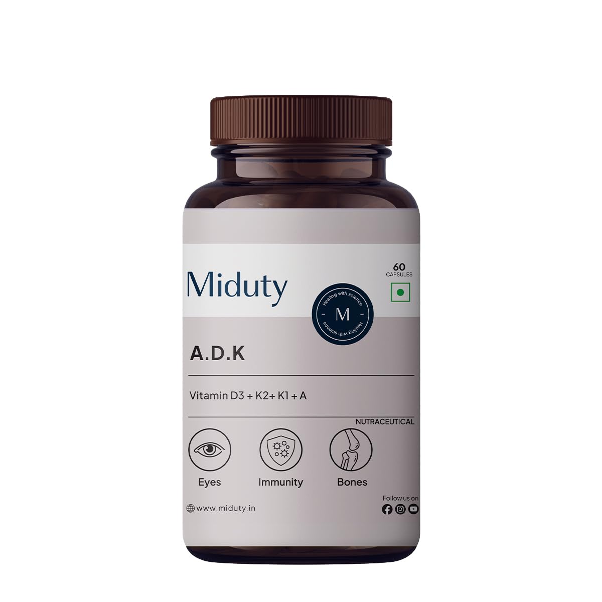 Miduty by Palak Notes Vitamin ADK, Vitamin D3 and K2 Supplements, Cholecalciferol Vitamin D3, Boost Immunity, Stronger Bones, Vitamin ADK Supplement, Immunity Booster Capsule - 60 Capsules