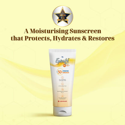Episoft AC SPF 50 + sunscreen | Maximum Hydration | Protection against both UV-A/UV-B, Water and Sweat Resistance | Lightweight | With anti-aging benefits | For all Skin Types | No white cast | 50 G