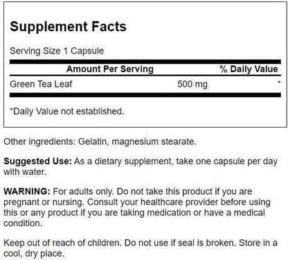 Swanson Green Tea Extract Supplement - Antioxidant Rich - 500 MG Green Tea Leaf Powder - 100 Capsules