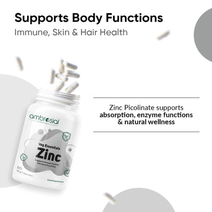 Ambrosial Zinc Supplements - High Strength 30 mg, Highly Bioavailable Zinc Supplement for Men & Women, Immune & Metabolism Support, Zinc Supplements, Pack of 1-60 Capsules