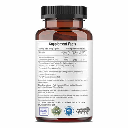 Magnesium Glycinate Capsules, 100 Veg Capsules, Muscle Relaxation & Healthy Sleep Support (1500 mg)
