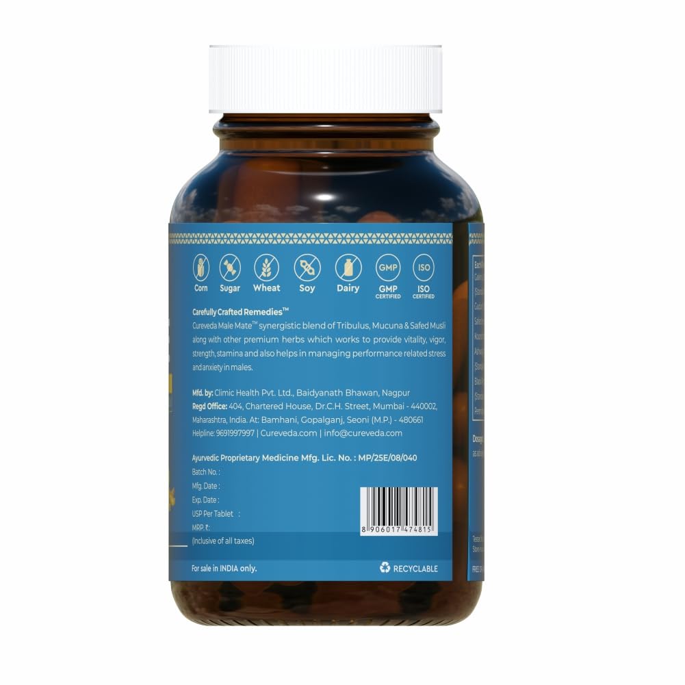 Cureveda Herbal Male Mate | Testosterone Support Supplement For Men | Tribulus, Mucuna, Safed Musli | 60 tab