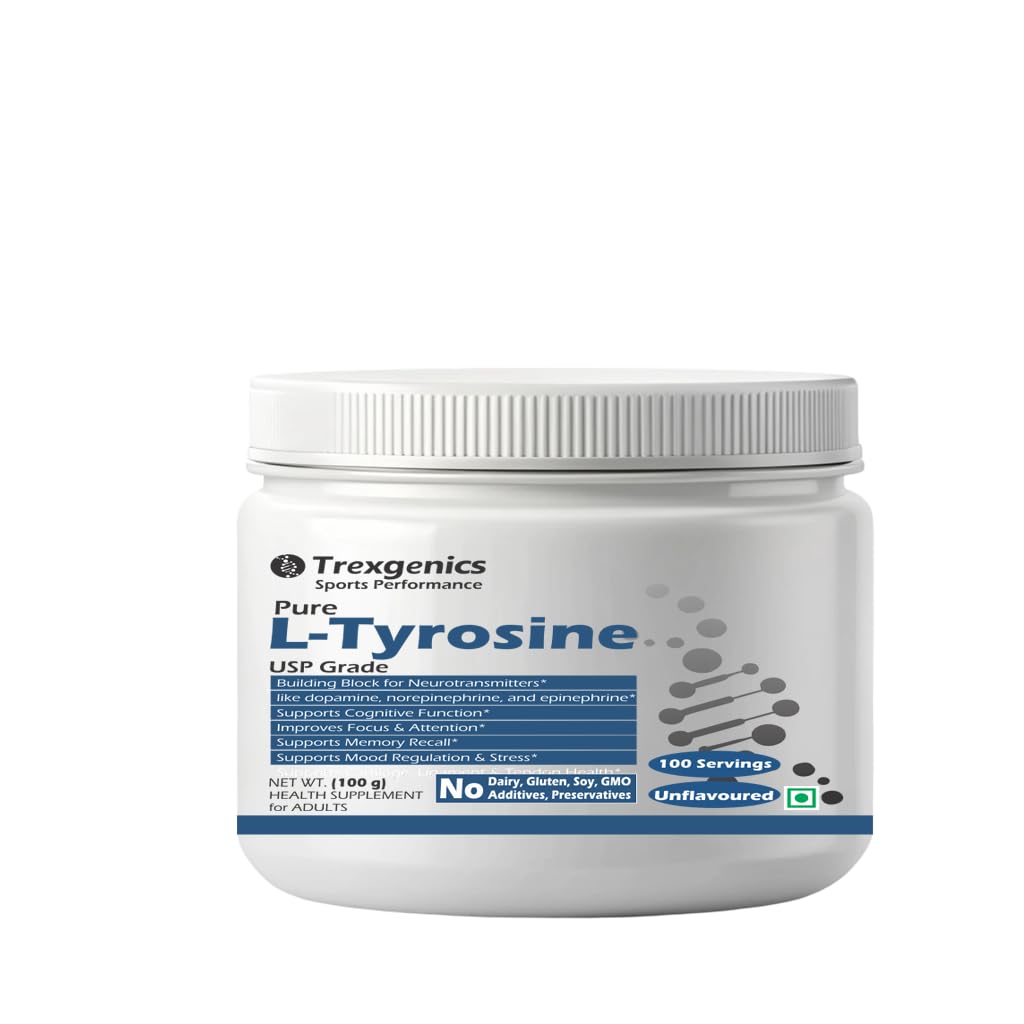 Trexgenics L-TYROSINE PURE POWDER USP grade Neurotransmitter production, Cognitive Function, Focus, Attention, Memory, Stress Support (100 gram)