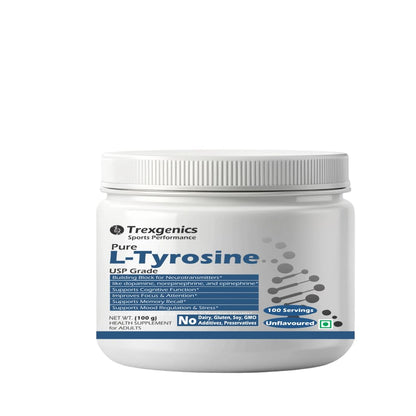 Trexgenics L-TYROSINE PURE POWDER USP grade Neurotransmitter production, Cognitive Function, Focus, Attention, Memory, Stress Support (100 gram)