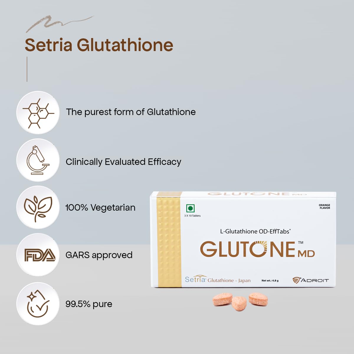 Glutone MD â€“ Glutathione Mouth-Dissolving Tablets| Made with Setria L-Glutathione (Japan) 100mg| Radiant Glow & Even Skin Tone| Pack of 30 Tablets (Orange)