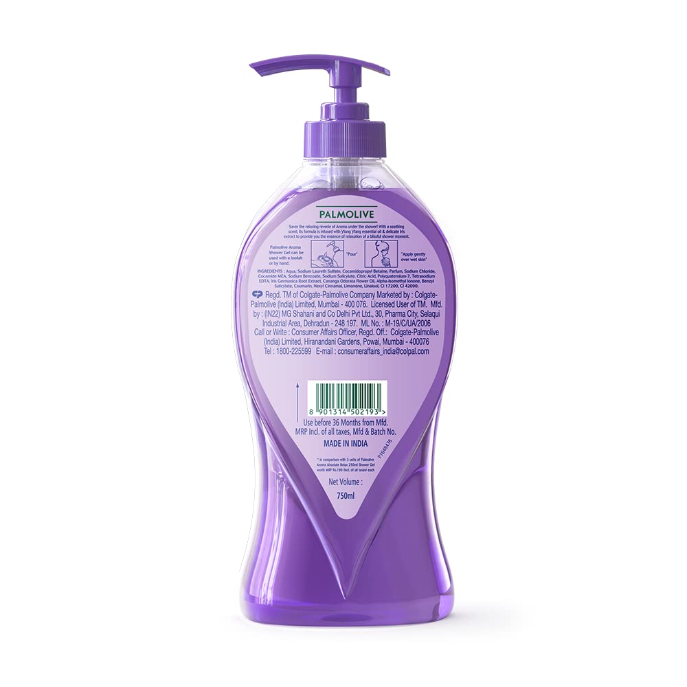 Palmolive Aroma Absolute Relax Body Wash, Gel Based Shower Gel with 100% Natural Ylang Ylang Essential Oil & Iris Extracts - pH Balanced, No Parabens, No Silicones, 750ml Pump