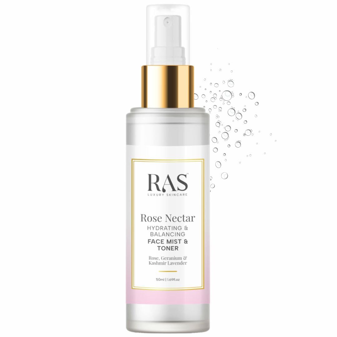 RAS Luxury Oils Rose Nectar Face & Body Spritz Toner | Alcohol Free Face Mist | Enriched With Rose, Lavender & Geranium | Soothe Skin, Balance Skin's pH level & Brighten and Refresh your skin | 50ml