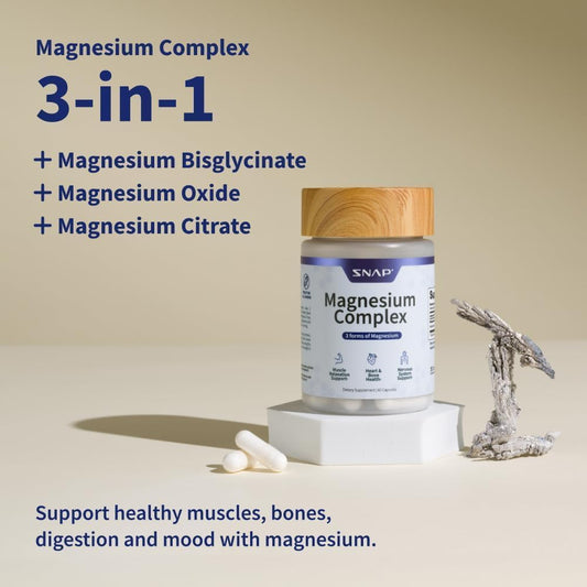 Snap Triple Magnesium Complex for Women & Men for Sleep & Muscle Support â€“ 400mg, 3-in-1 Magnesium Supplement â€“ Bisglycinate, Citrate & Oxide â€“ Chelated for High-Absorption, 60 Vegetarian Capsules