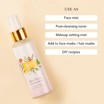 RAS Luxury Oils Rose Nectar Face & Body Spritz Toner | Alcohol Free Face Mist | Enriched With Rose, Lavender & Geranium | Soothe Skin, Balance Skin's pH level & Brighten and Refresh your skin | 50ml