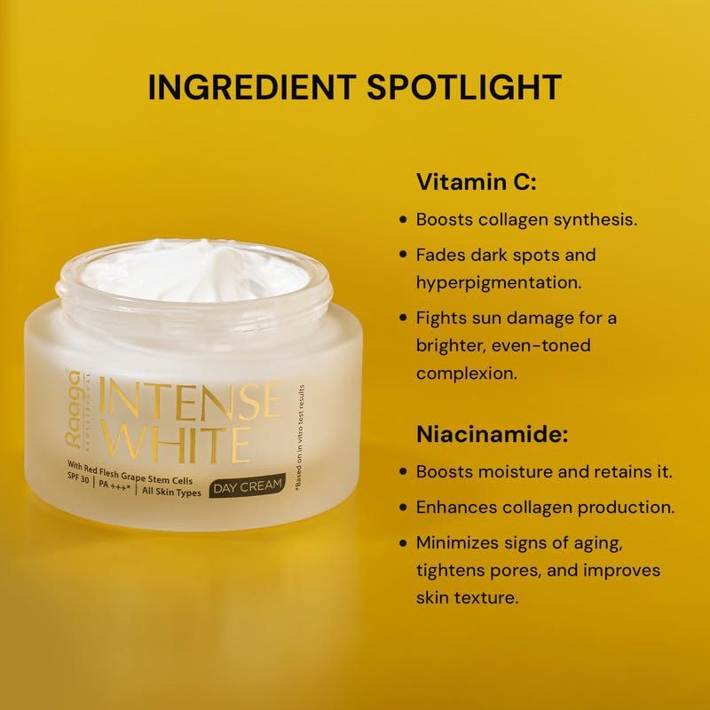 Raaga Professional Intense White Day Cream | Red Flesh Grape Stem Cells | SPF 30 PA+++ | Nourished Skin All Day | All Skin Types, Phthalate Free, Sulphate Free (50 gm)