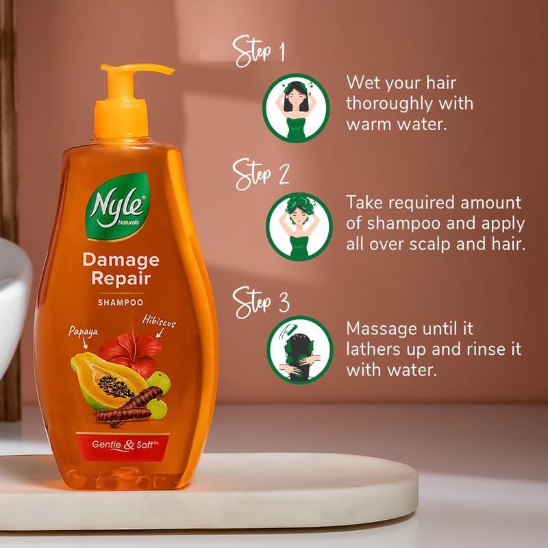 Nyle Naturals Damage Repair Shampoo 1 L | Hair Repairing with Papaya, Hibiscus, & Shikakai | pH Balanced & Paraben Free Gentle & Soft Shampoo For Women & Men