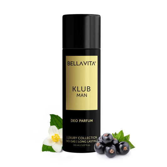 Bella Vita KLUB Men Body Perfume 150ml | No Gas Deo for Men | Deodorants Man | Long Lasting Spicy and Musky Fragrance with Refreshing Lemon, Rose Petals & Warm Vanilla Notes