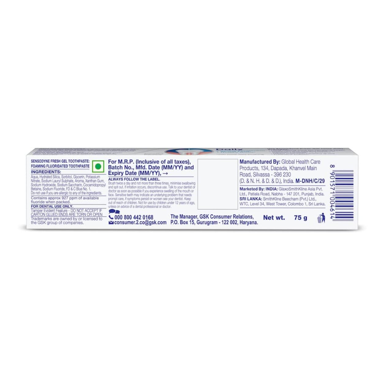 Sensodyne Toothpaste Fresh Gel | Daily Sensitivity Relief Tooth Paste Pack of 1 - 75gm | Dentist Recommended | Everyday Use Paste, Fresh Breath, Fights Tooth Decay, Maintain Healthy Gums