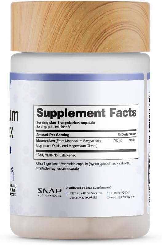 Snap Triple Magnesium Complex for Women & Men for Sleep & Muscle Support â€“ 400mg, 3-in-1 Magnesium Supplement â€“ Bisglycinate, Citrate & Oxide â€“ Chelated for High-Absorption, 60 Vegetarian Capsules