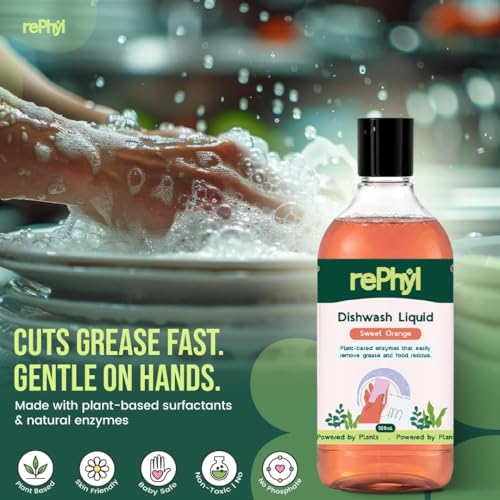 Dishwash Liquid 500ml | Plant-Powered | Fresh Sweet Orange Fragrance | Kitchen Care Concentrate For Tough Grease & Food Residue Remover | Gentle Non-Toxic Dishwash Liquid for Kitchen Use|B0GVTYPRSZ