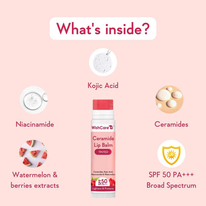 WishCare Tinted Ceramide Lip Balm with SPF50 PA+++ - Kojic Acid & Niacinamide - For Lip Lightening & Protection 5gm