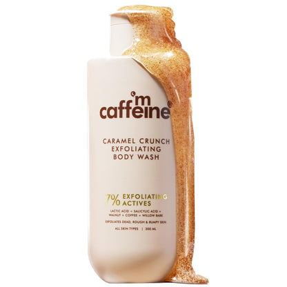mCaffeine 7% Exfoliating Body Wash 300ml | 1% Salicylic & 2% Lactic Acid | Summer Bodywash for Dry Skin| Reduces Body Acne & Ingrown Hair | Smooth, Hydrated Skin | Sweet Caramel Shower Gel for Women & Men