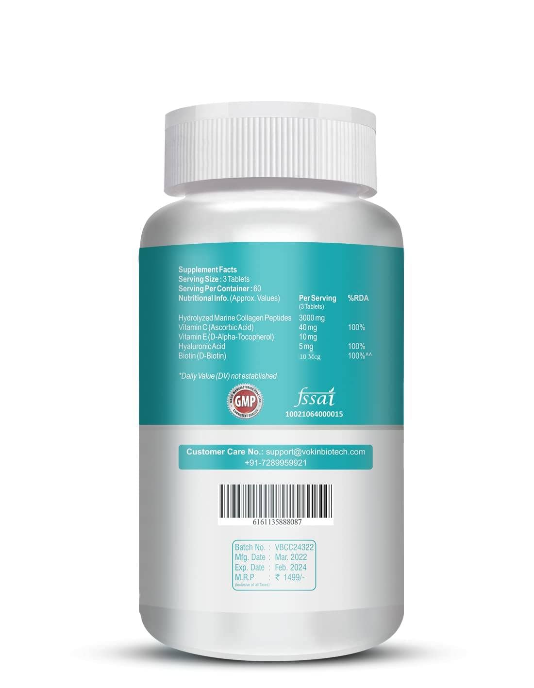 Vokin Biotech Marine Collagen 3000Mg With Biotin & Vitamin C For Skin|Hair|Nails (180 Tablets), 200 grams