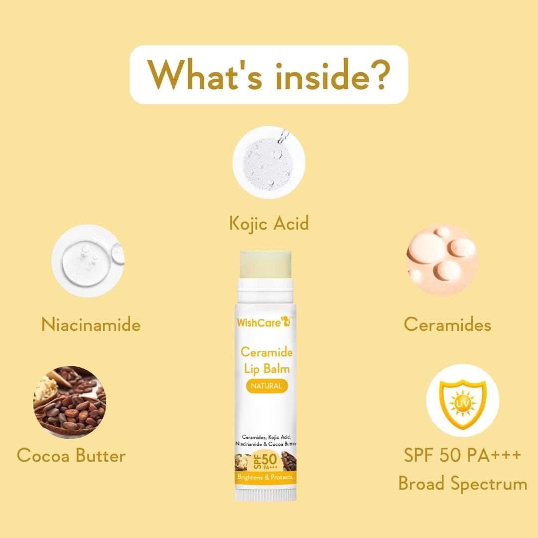 WishCare Ceramide Lip Balm SPF 50 PA+++ | Brightening Lip Balm for Dark Lips | In-Vivo Tested | Kojic Acid & Niacinamide | Natural & Untinted | For Women & Men | 5g
