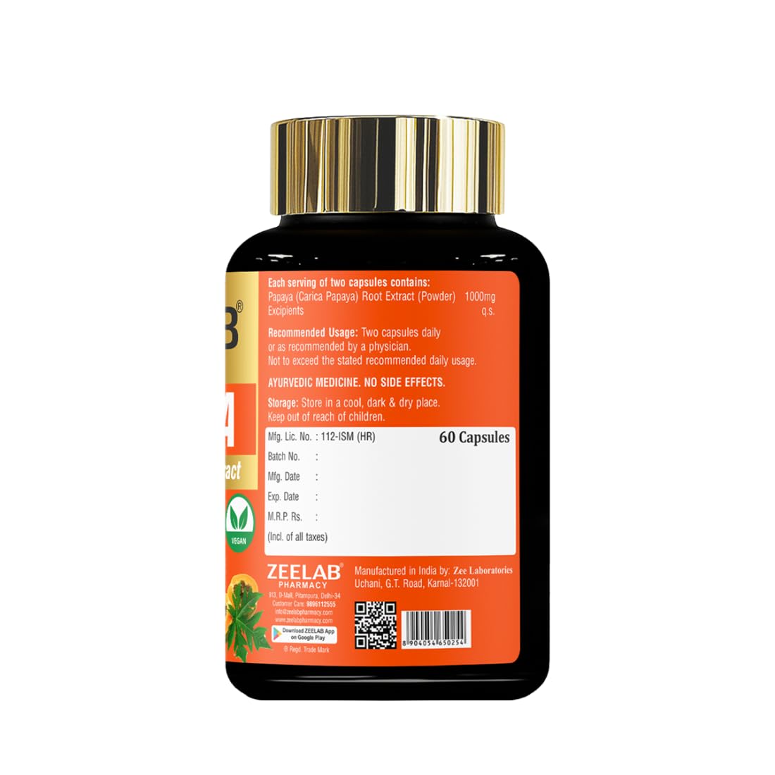 Zeelab Papaya Capsules | Natural Carica Papaya Root Extract Supplement | Supports Platelet Count, Immunity, Digestion & Heart Health â€“ 60 Veg Capsules